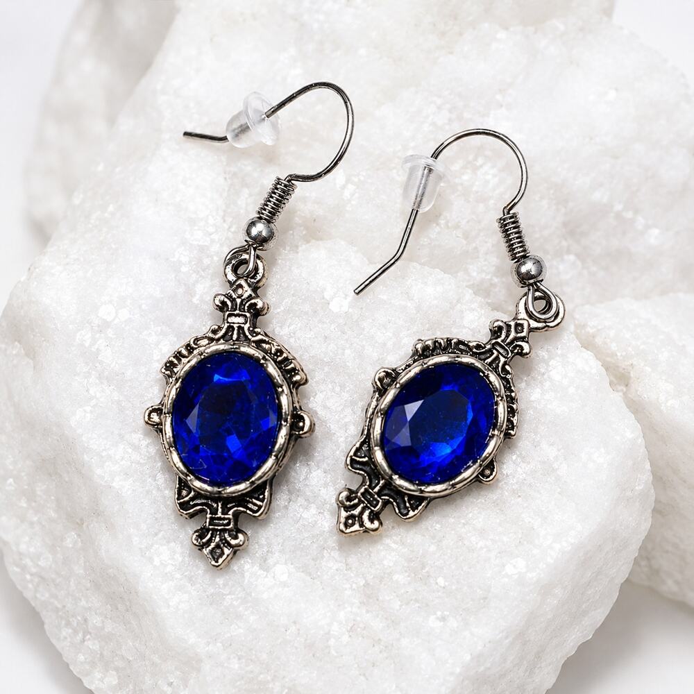 Vintage Cobalt Blue Crystal Dangle Earrings Silver Tone 1" Victorian Style
